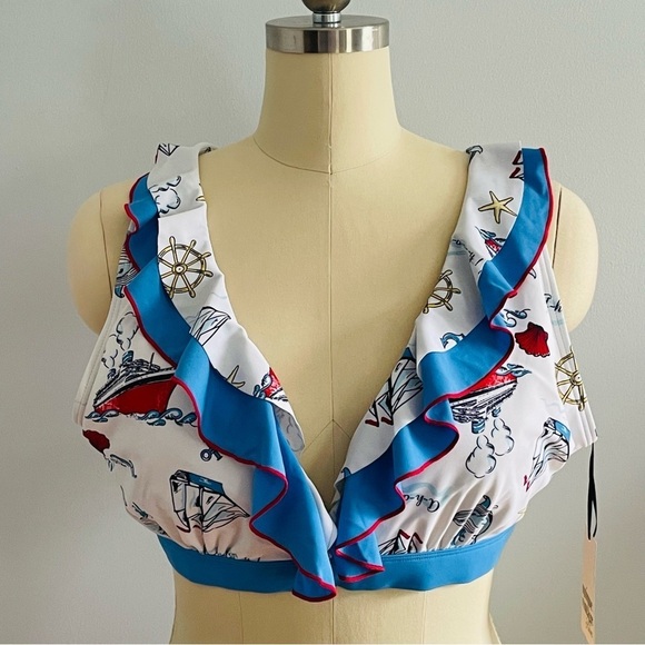 Unique Vintage White & Blue Nautical Print Ruffle Swim Top- Size 2X (18)- NWT - Picture 3 of 10